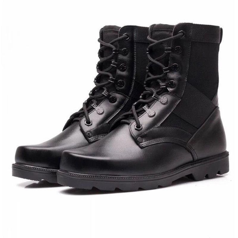 black leather steel toe combat boots