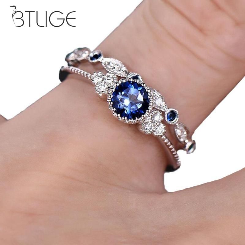 Mujeres 2Pcs Anillo de boda compromiso conjunto Cristal Estrás Joyería Regalo 6A