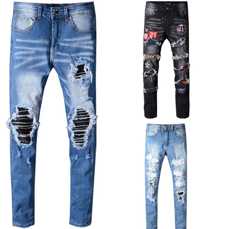 Grosshandel Designer Herren Ripped Biker Jeans Leder Patchwork Slim Fit Schwarz Moto Denim Jogger Fur Manner Distressed Jeans Hosen Von Top Clothing 41 33 Auf De Dhgate Com Dhgate