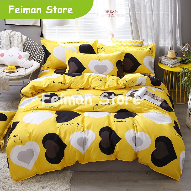 Yellow Color Bed Sheet Set Heart Pattern Printed Bedding Sets
