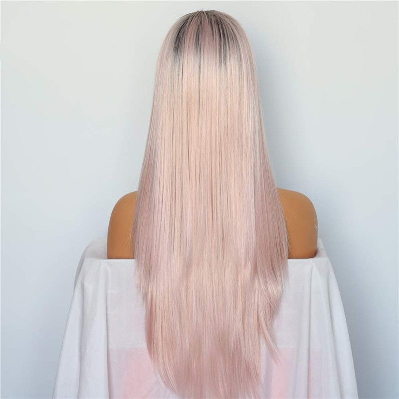 Fashion Dark Root Ombre Pink Color Long Straight Heat Resistant Hair Celebrity Daily Makeup Synthetic Lace Front Wedding Party Wigs Cool Wigs Wig Buy