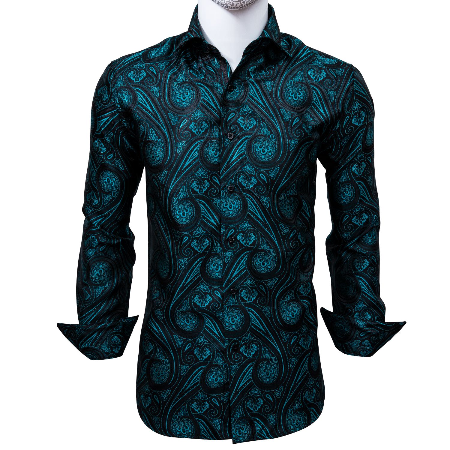 2021 Silk Mens Long Sleeve Shirts Jacquard Woven Black Blue Paisley ...