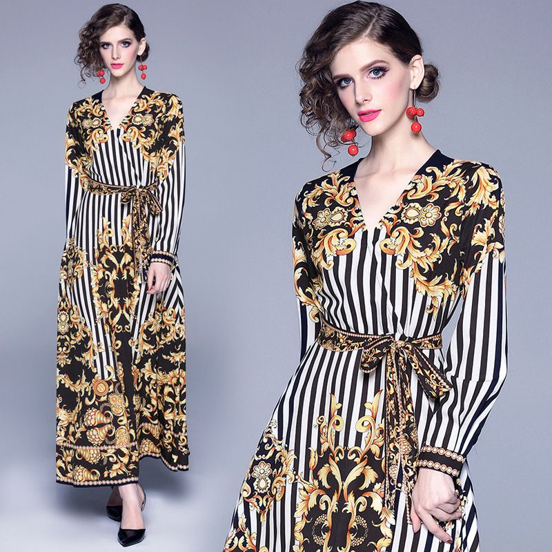 Vestido Estampado Manga Larga Casual Swing Longuette Vestido Estampado Manga Larga Casual Swing Longuette
