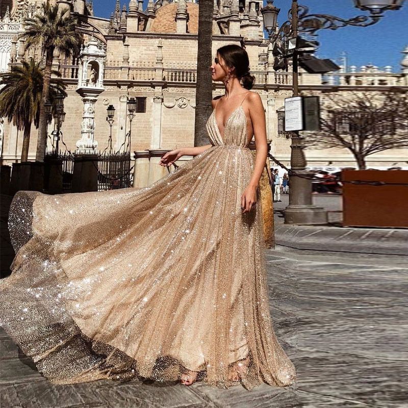 Compra 2019 Vestidos De Noche Dorados Vestido De Fiesta Con Cuello En V Con  Lentejuelas Vestidos De Noche Elegantes Y Brillantes Robe De Soiree  Abendkleider Barato | Entrega Rápida Y Calidad | Es.Dhgate