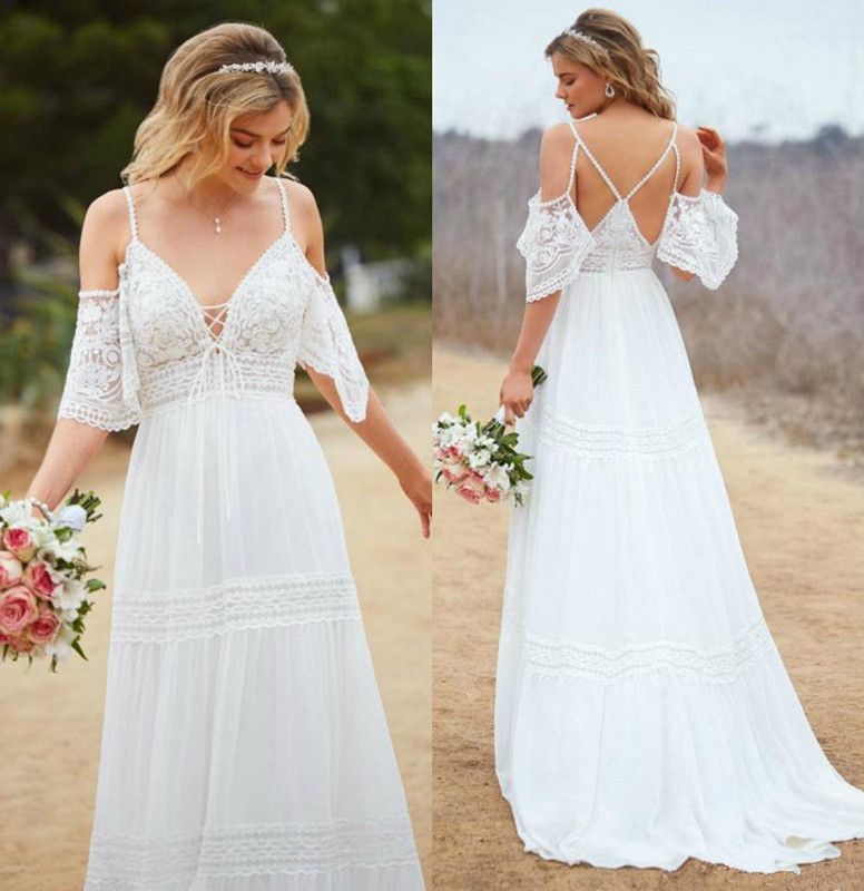 Discount Kitty Chen Bohemian Wedding Dress Off The Shoulder Short Sleeves A Line Sweep Train Beach Wedding Dress Embroidery Cheap Bridal Gowns Wedding