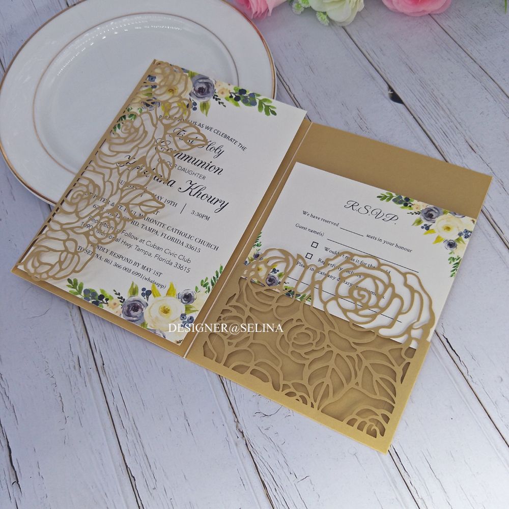 Gold Palm Laser Cut Wedding Invitation Jacket Trifold Pocket Bridal Shower Invites With RSVP