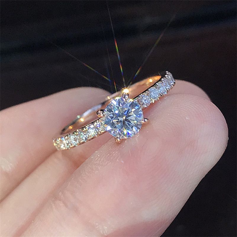 Anillo de diamantes de oro rosa anillos de compromiso de cristal para mujeres de boda