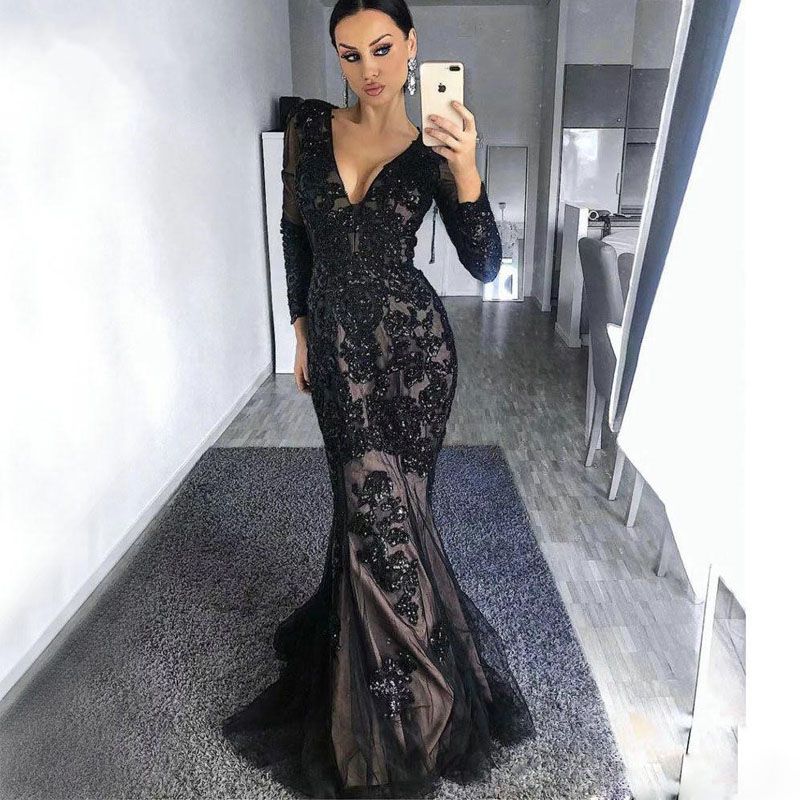 Black long sleeve v neck mermaid dress top