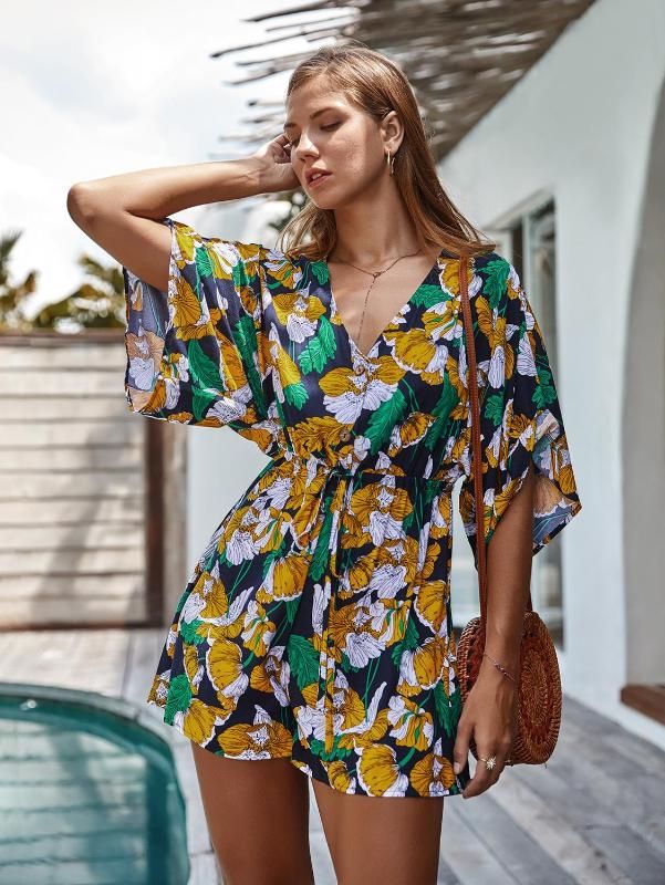 Womens V Neck Short Sleeve Summer Beach Jumpsuits Casual Loose Shorts Playsuits