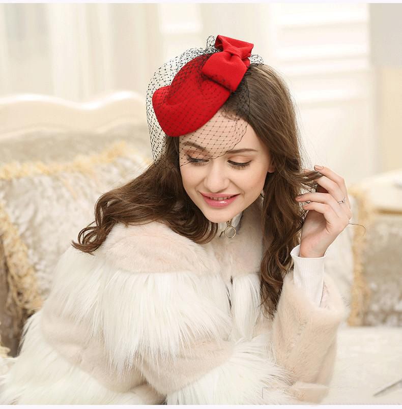 New Arrival Bridal Hair Accessories British Van Wool Hat Retro Party  Banquet Women Hats Bow Lace