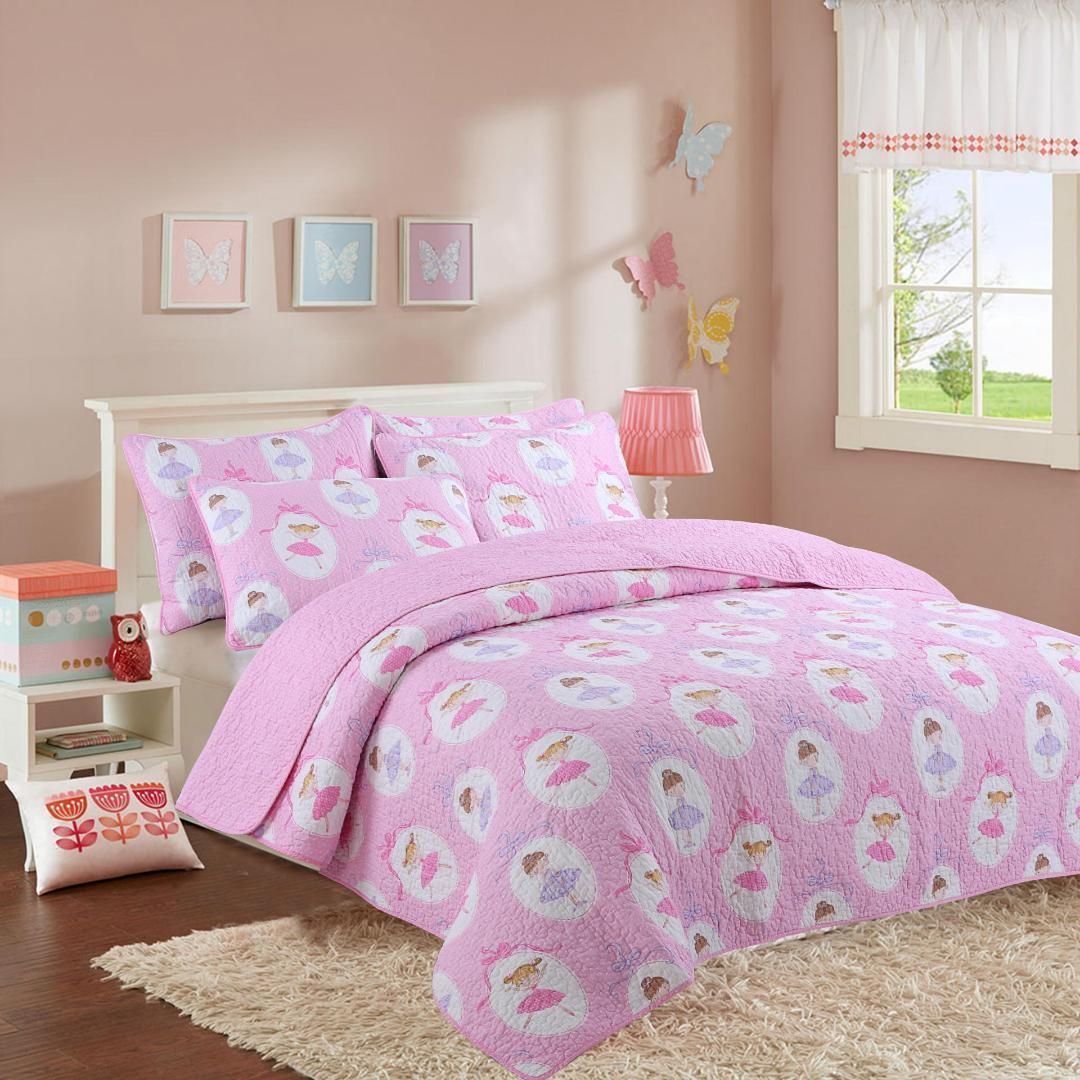 2 100 Cotton Pink Kids Girls Bedspread Quilts Set Throw Blanket