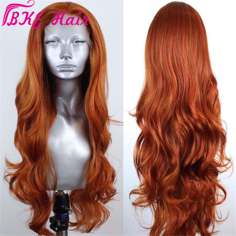 Long Wavy 360 Lace Auburn Orange Color Wigs Synthetic Lace Front