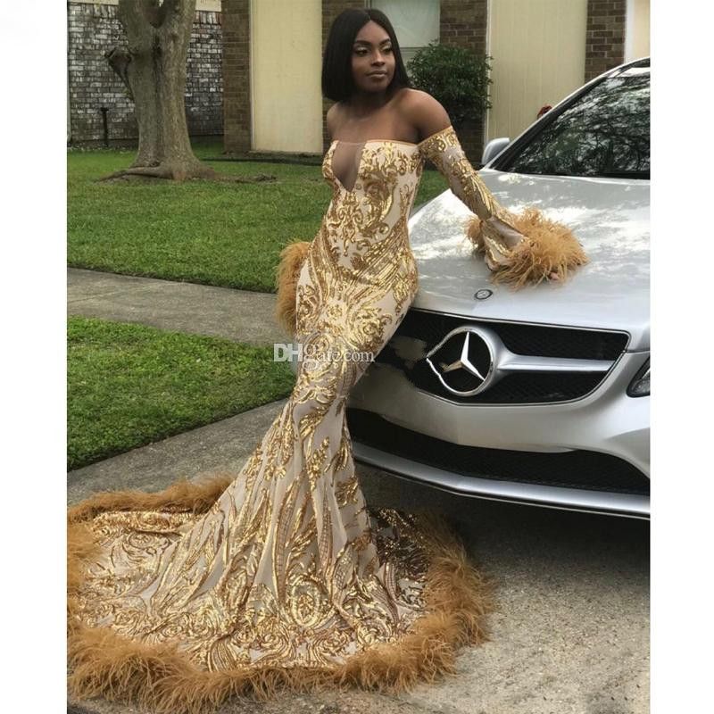 Sexy Gold Sequin Feather Prom Dresses Off The Shoulder Long Sleeve ...