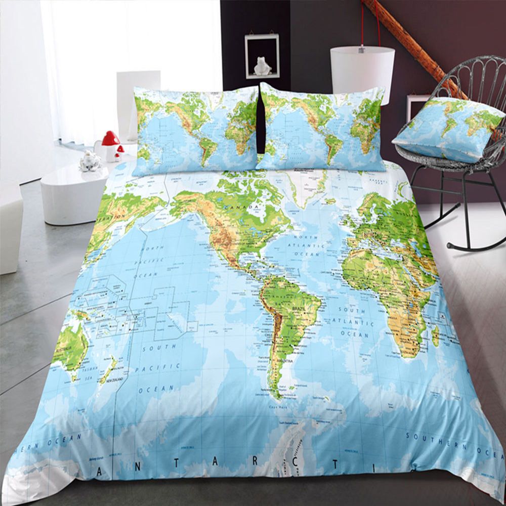 World Map Printed Creative Bedding Set Queen Size Light Blue Duvet