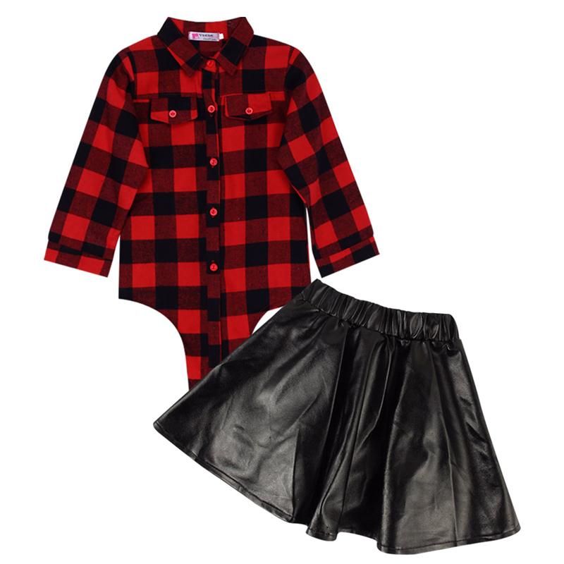 120cm Leather Short Skirt Set Explosion Long Sleeve Red Plaid Top 