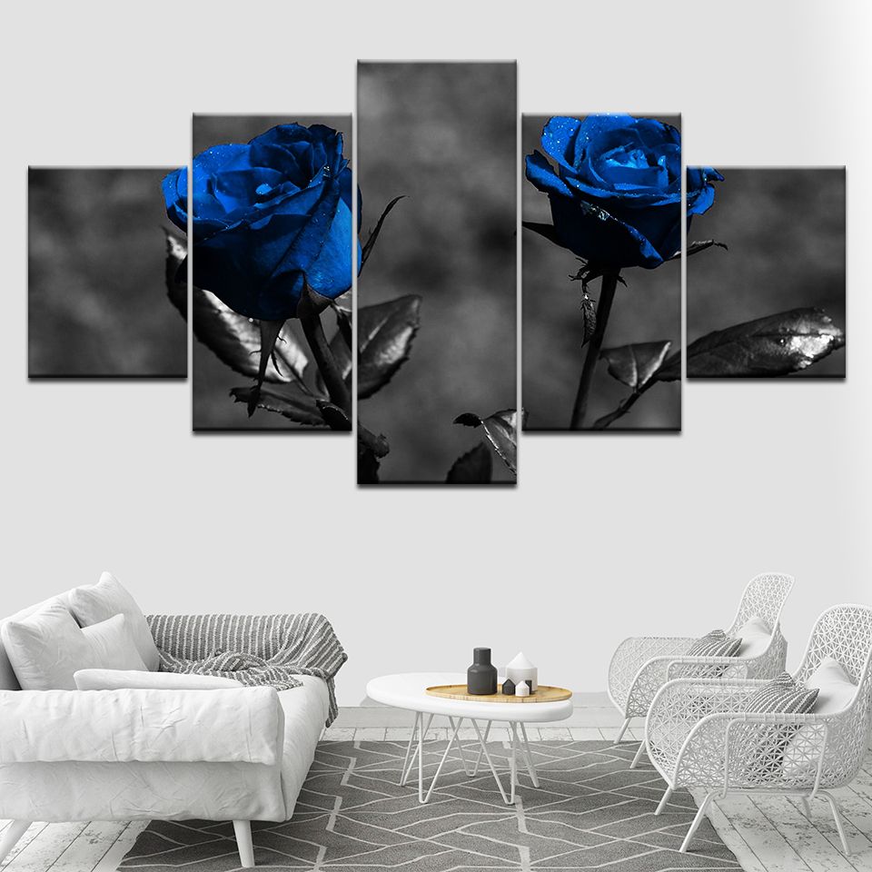 Blue Flowers Painting 5 Panel Canvas Print Wall Art Home Decoration