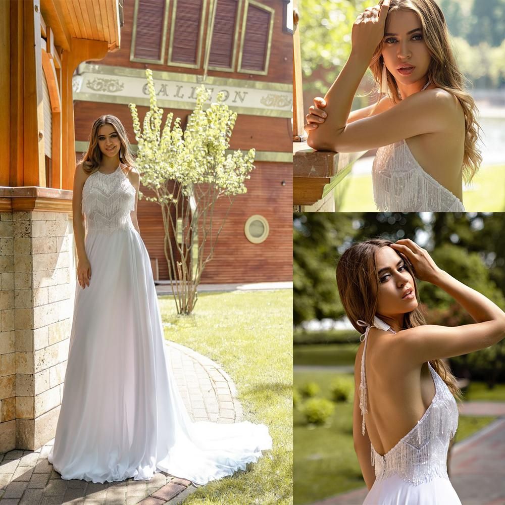 Discount 2020 Sexy Backless Wedding Dresses Halter Tassles