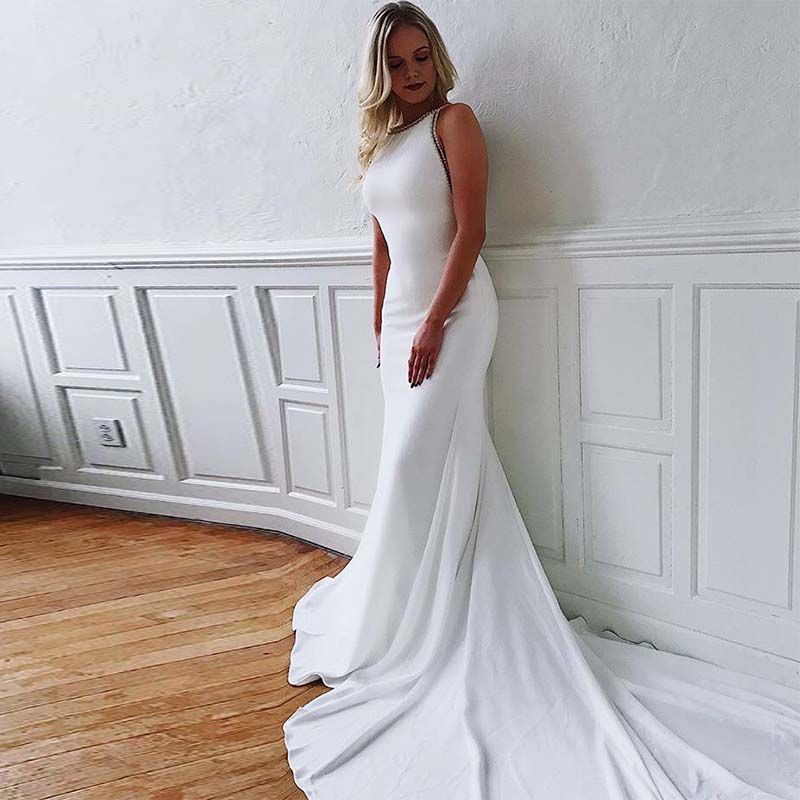 Backless Wedding Dress White/Ivory Sleeveless Mermaid Beach Bridal Gown Custom Backless Wedding Dress White/Ivory Sleeveless Mermaid Beach Bridal Gown Custom