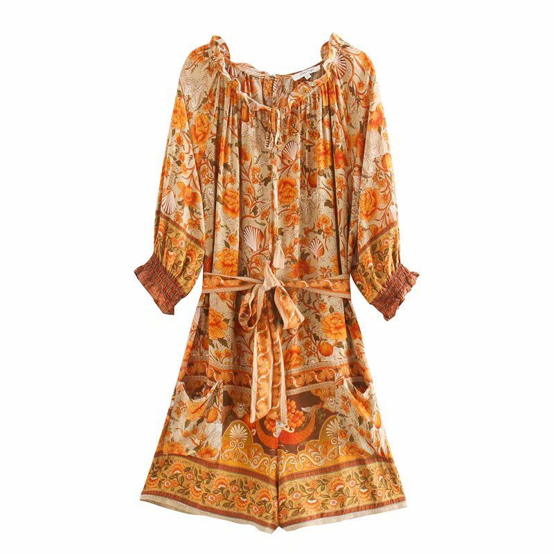 Donne 2021 Boho Tute Suite Suite Coulisse Summer Chic Bohemian Brevi Pagliaccetti Giallo Stampa floreale Rayon Donne Playsuits Holiday Beach Beach Wear