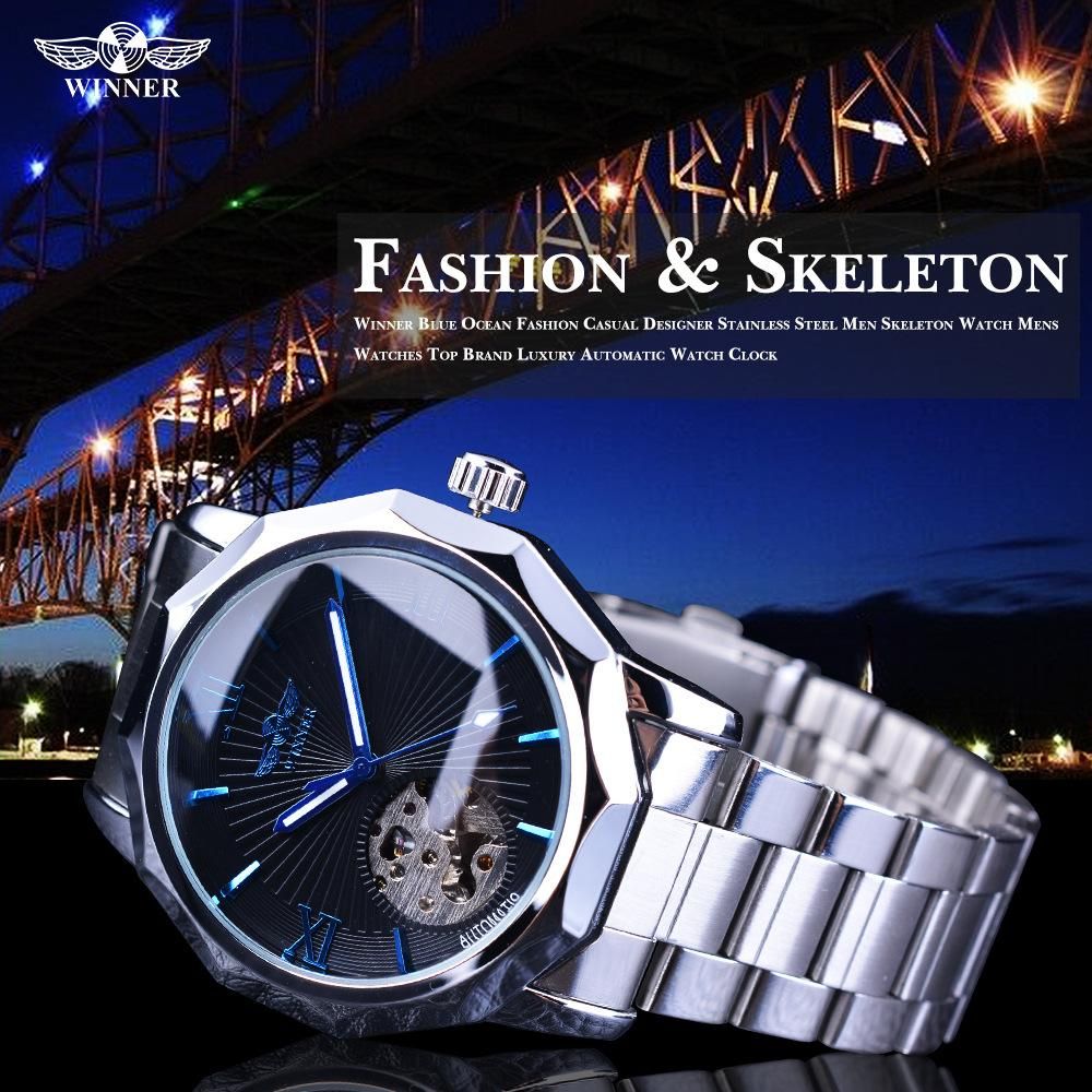 2020 Gewinner Blue Ocean Geometric Design Skeleton Edelstahl-Bügel-Mann-Uhr-Spitzenmarken-Luxusautomatic Mode Mechanische Watc