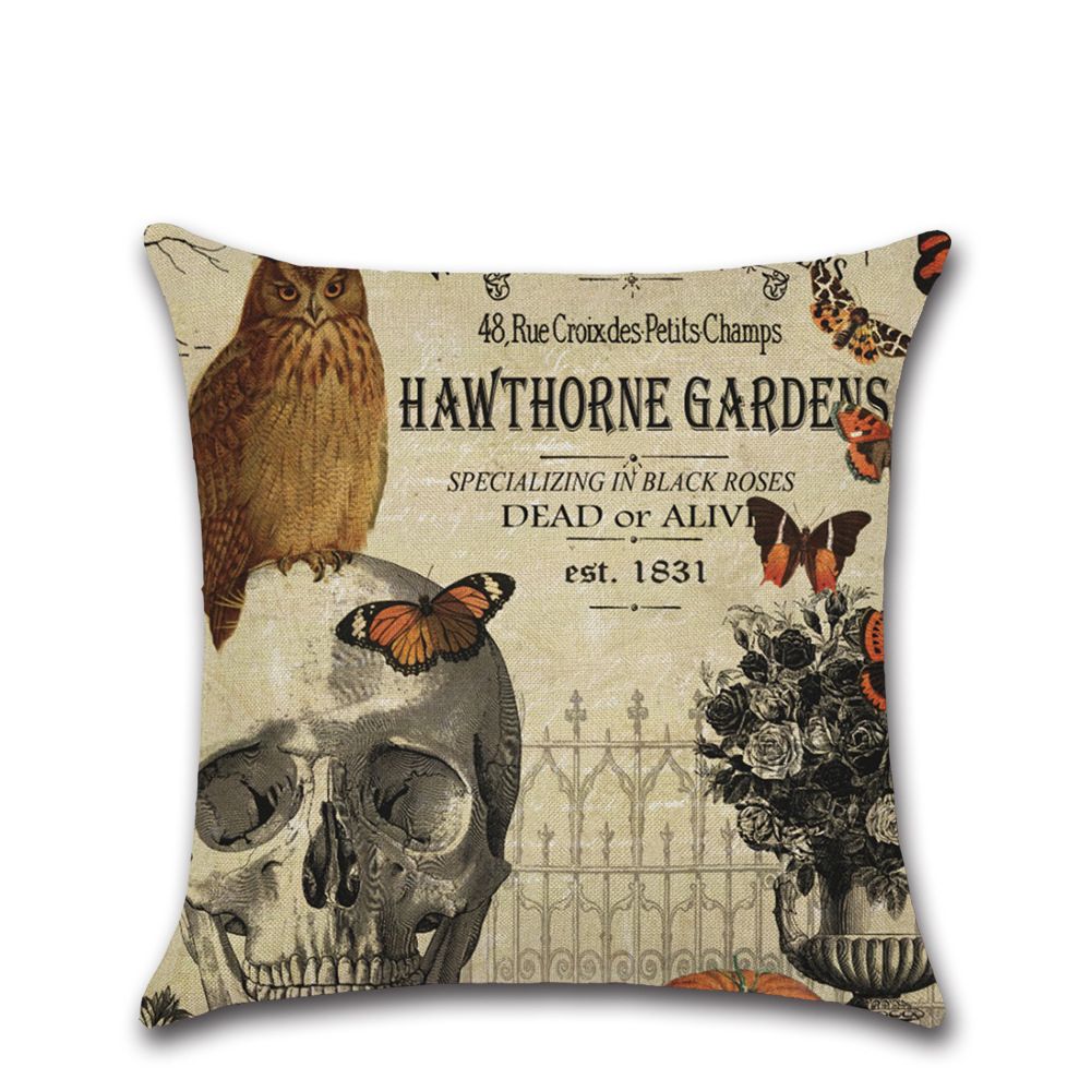 Halloween Cotton Linen Pillow Case Vintage Owl Crow Pumpkin Skull Style  A