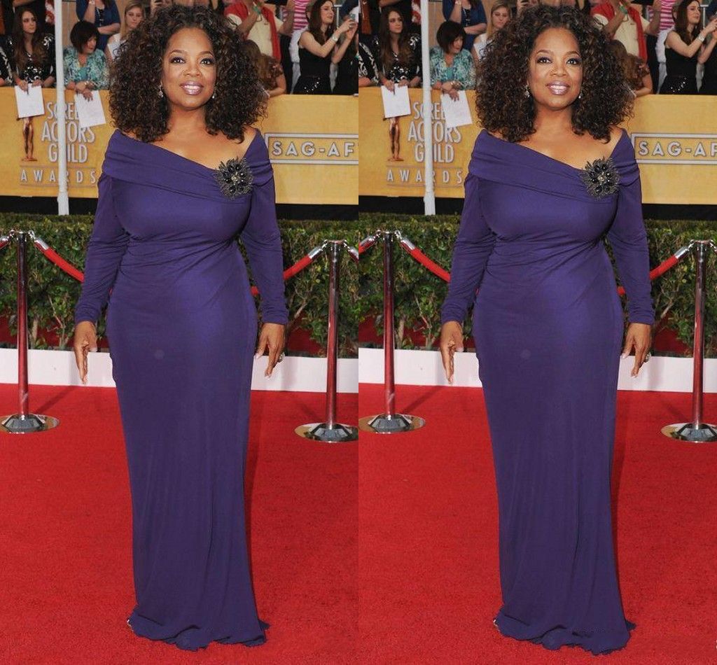 Oprah Winfrey Sheath Evening Dresses V Neck Long Sleeves Sweep Train