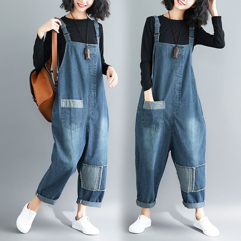 2020 1175 Wide Leg Denim Overalls Women Big Pockets Bib Pants Plus