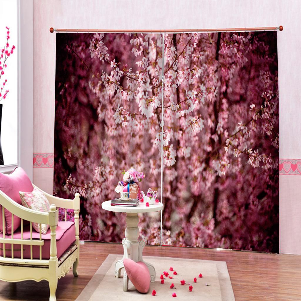 2019 Custom 3d Curtains Pink Plum Flower Scenery Blackout Curtain