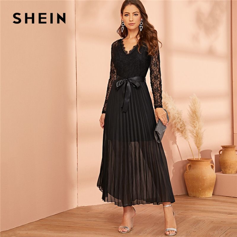 Compra Panel Plisse Shein Negro Dobladillo Del Cordón Plisado Con Cinturón  Sheer Mujeres Se Visten De Otoño Con Cuello En V Fit Y Vestidos Largos De  La Llamarada Del Partido De Cintura