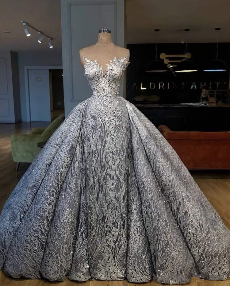 silver lace wedding dress