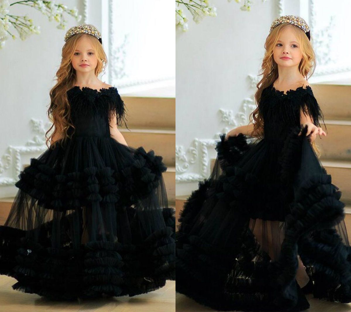 black feather ball gown