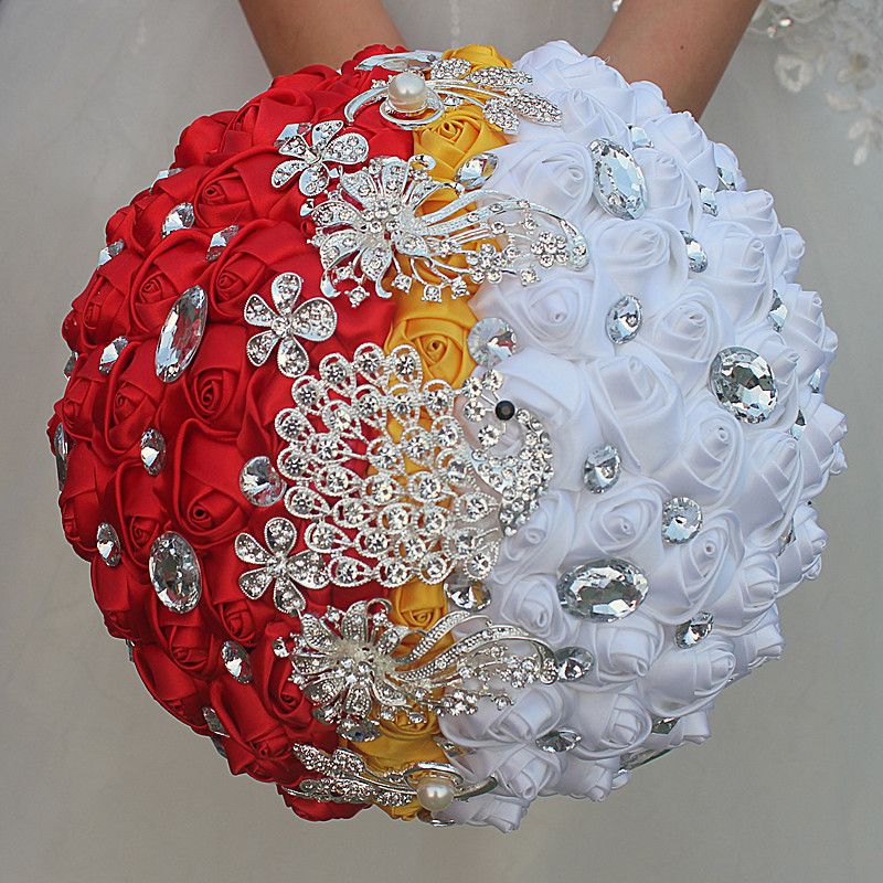 15 Colors Bridal Bouquet Brooch Crystal Pearls SILK Flowers Rose Wedding Flower