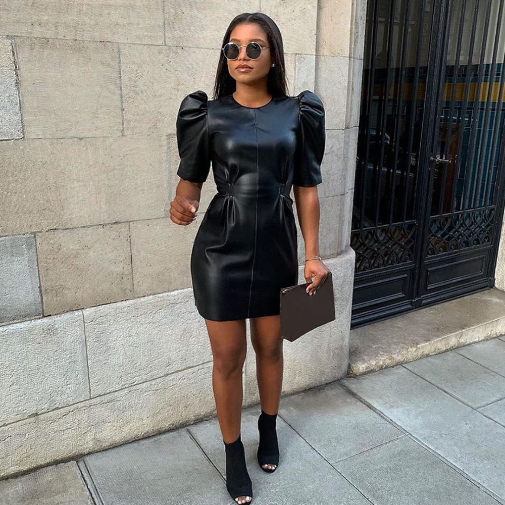 ladies black leather dress