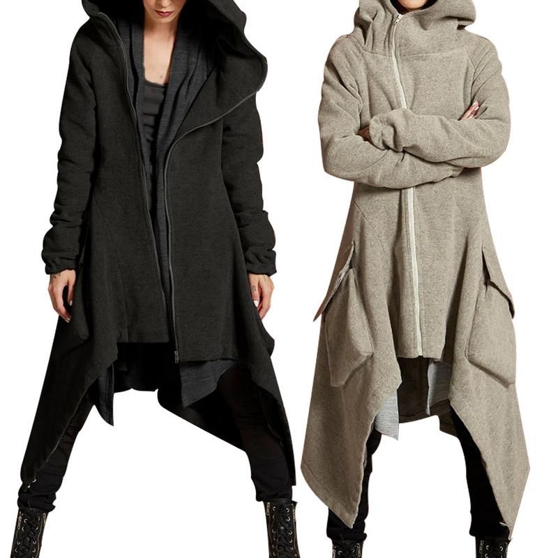 Logistt Women Casual Hooded Neck Long Sleeve Solid Asymmetry Hem Coat Casual Jackets