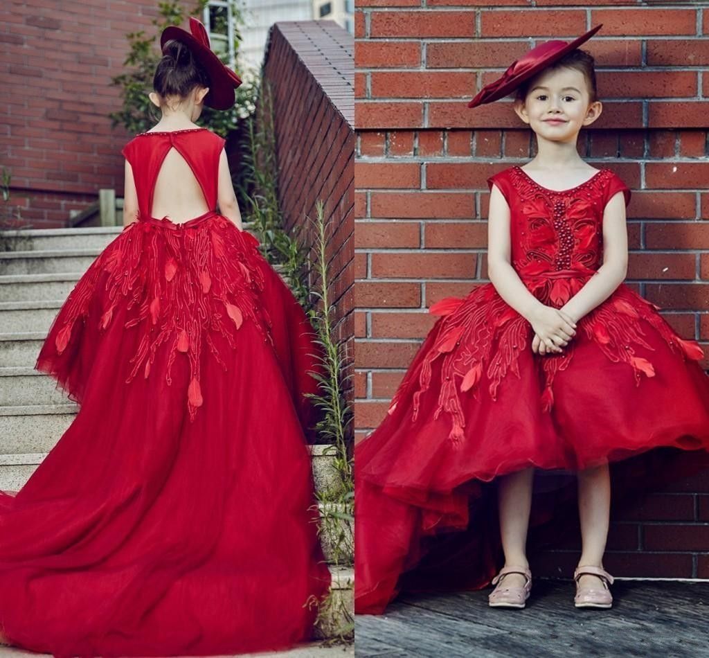 New Cheap Dark Red Flower Girls Dresses For Weddings Jewel Lace