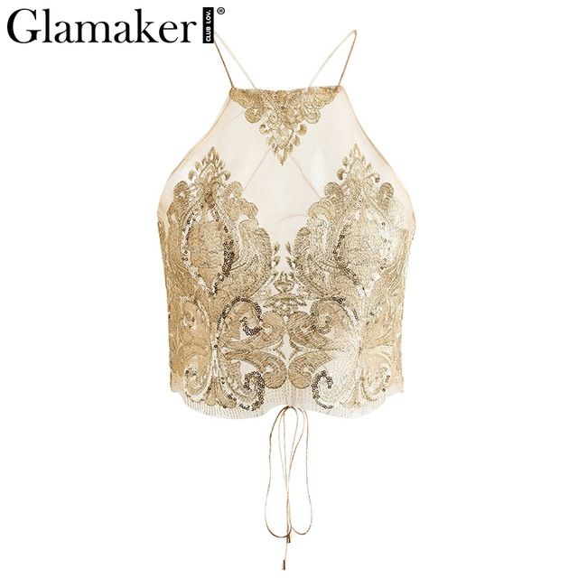 Compra Glamaker Bordado Transparente Camiseta Sin Mangas Camisola Atractivo  De Las Mujeres Del Verano Del Cordón De La Parte Superior Surgen Sin  Respaldo Oro Partido Fuera Superior Hueca Barato | Entrega Rápida