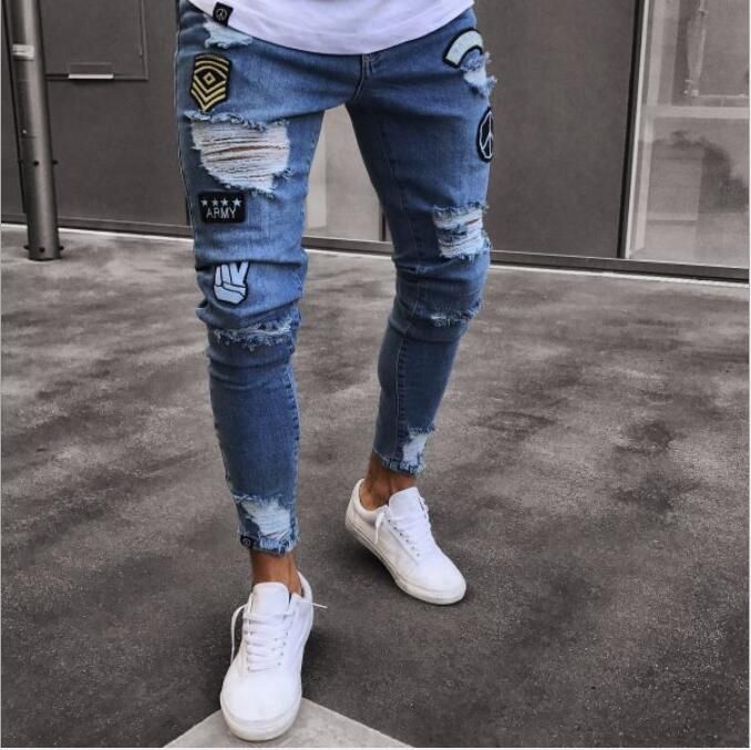 árabe Fácil de suceder constructor Pantalones vaqueros para hombres 2018 Stretch Destroyed Ripped applique  Design Fashion Ankle Zipper Skinny Jeans para