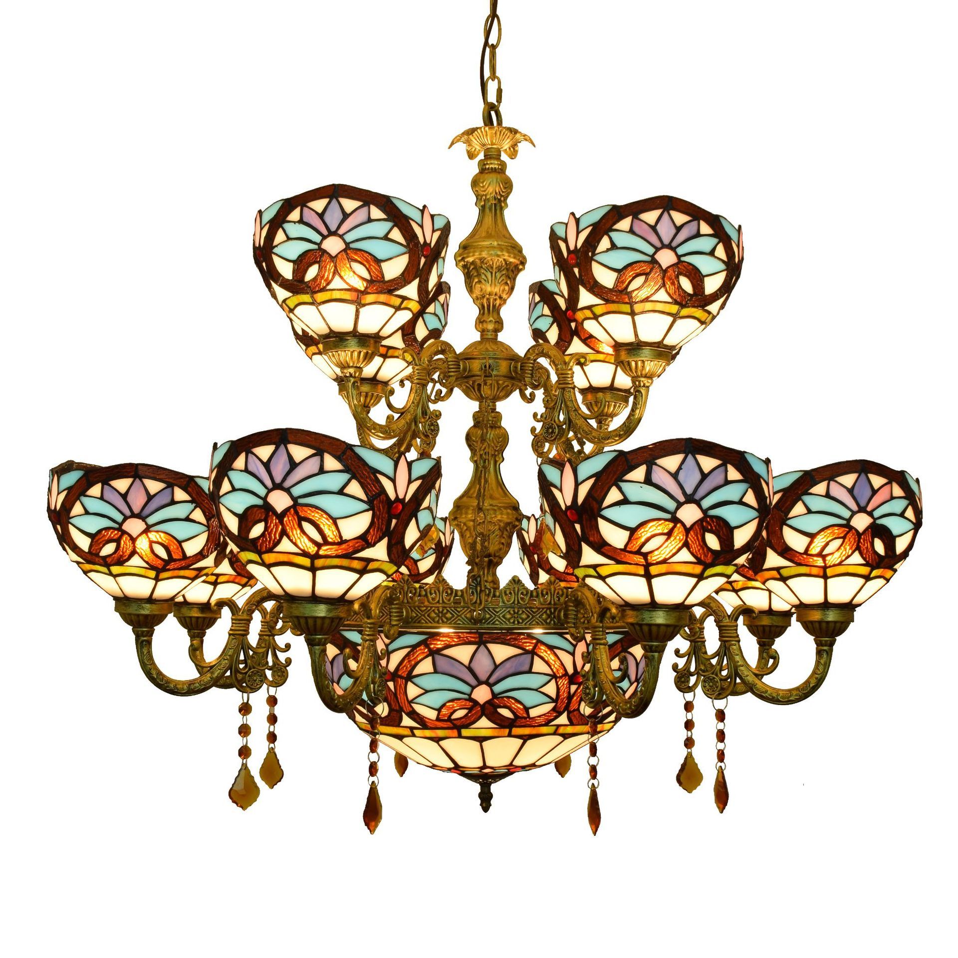 Stained Glass Chandelier Flower Pattern White European Retro Living