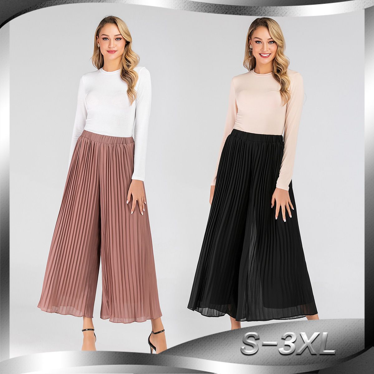 2020 Cm2186 Plus Size Chiffon Mesh Pleated Wide Leg Pants High