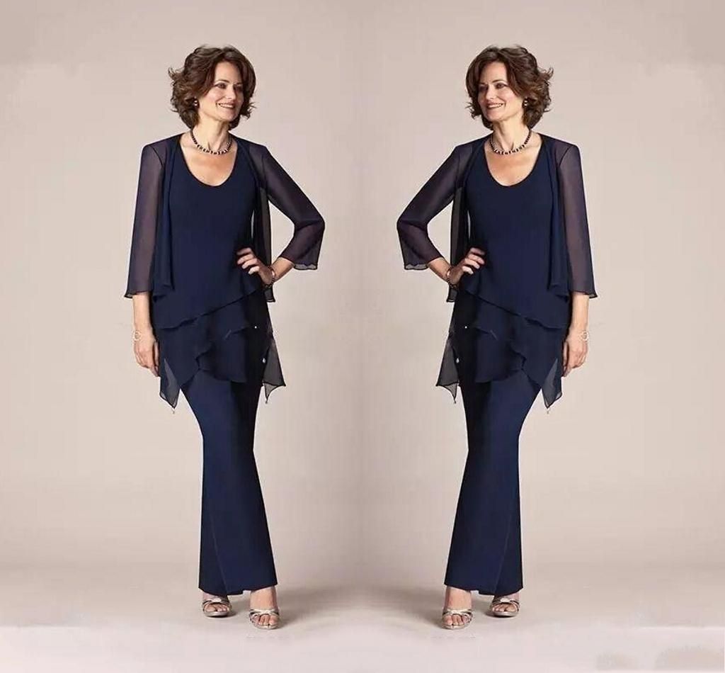 Navy Blue Chiffon Mother Of The Bride Pant Suits Long Sleeves Three ...