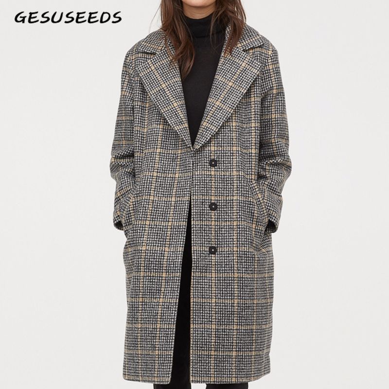 Women/'s Wool Tweed Houndstooth Check Long Jacket Collared Top Trench Coat