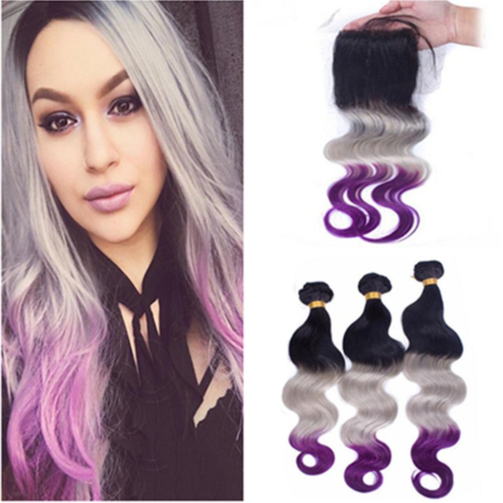 1b Grey Purple Ombre Body Wave Human Hair 3bundles With Closure Black Roots Grey Purple 3tone Ombre Brazilian Hair With 4x4 Lace Closure Black Human