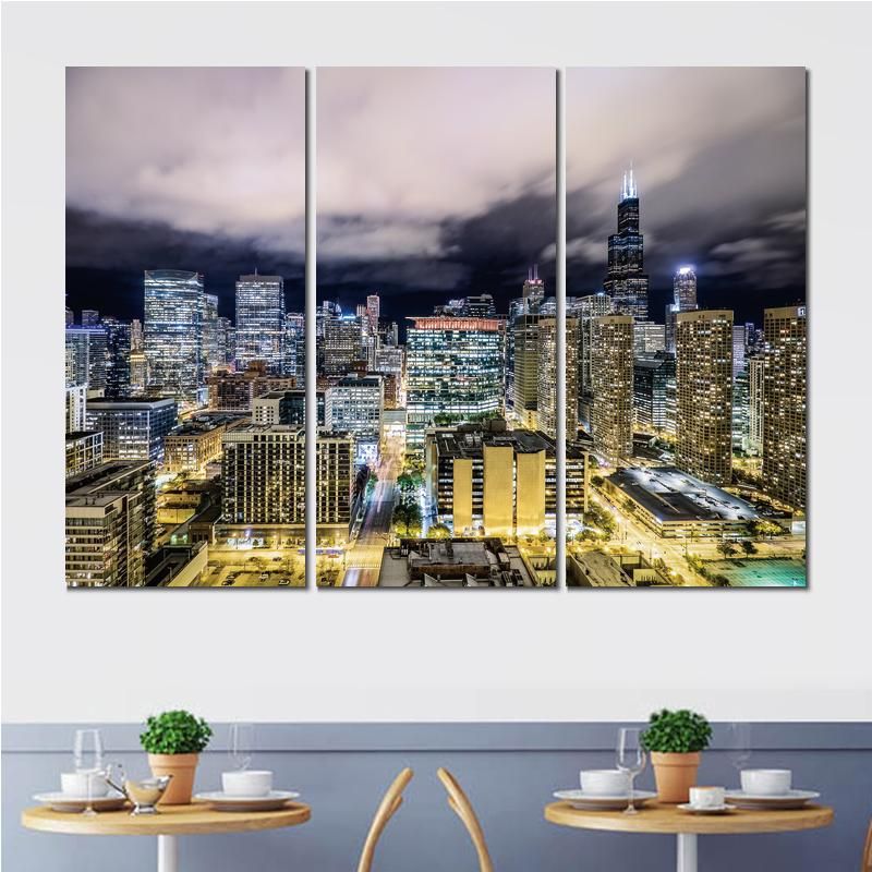 2020 Canvas Prints Chicago Night City Skyscrapers Painting Wall Pictures For Living Room Decoration From Kyrre 11 65 Dhgate Com