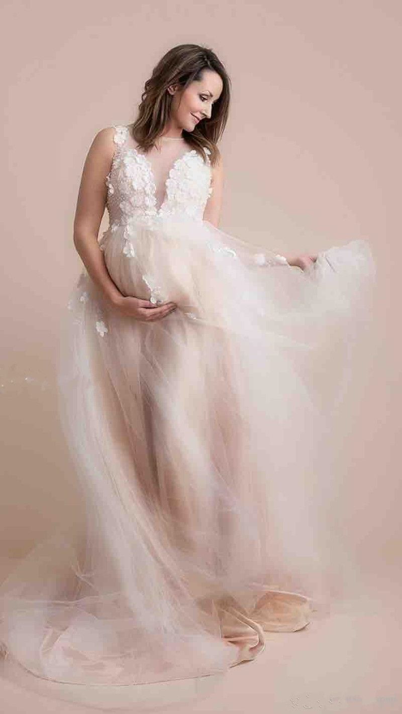 2019 New Chic Beaded Maternity Wedding Dresses Appliqued Sheer