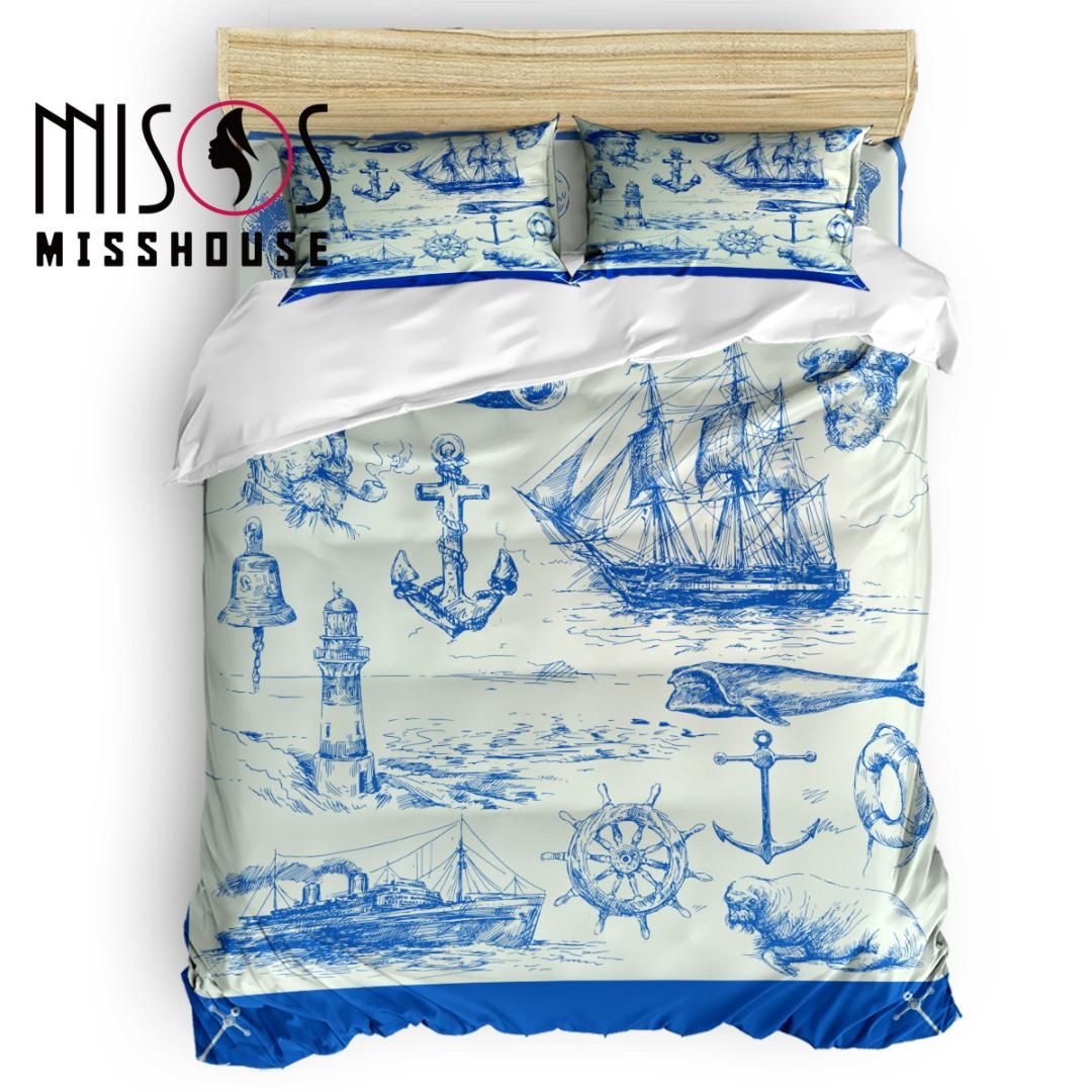 Misshouse Mediterranean Anchor Nautical Duvet Cover Set Bed Sheets