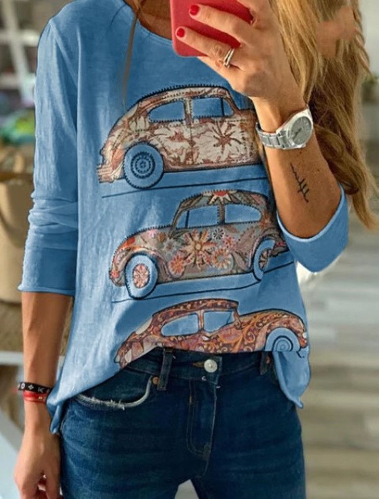 2020 Casual Loose Female T Shirt Short Sleeve Streetwear Car Print