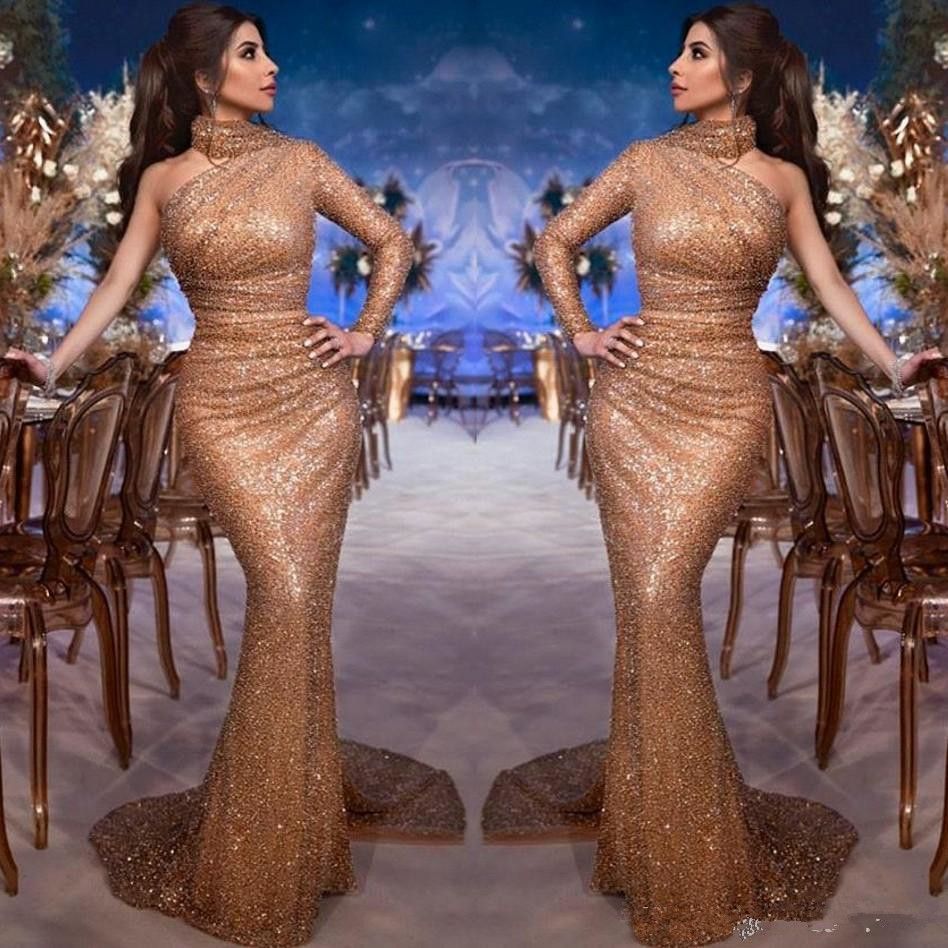 Saudi Arabic Myriam Fares Elegant One Shoulder Evening Dresses High Neck Mermaid Long Sleeve Sequined Evening Prom Gowns Evening Dresses Even Dresses
