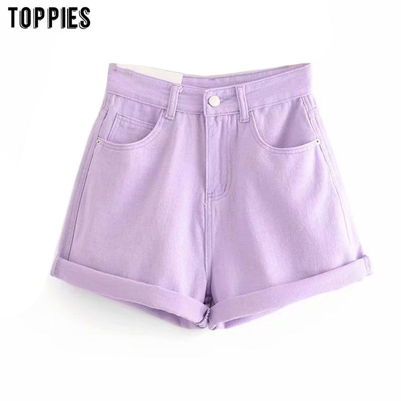 purple high waisted denim shorts