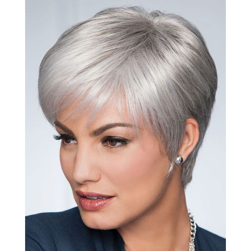 Synthetic Short Wavy Hair Puffy Natural Silver Grey Wigs With