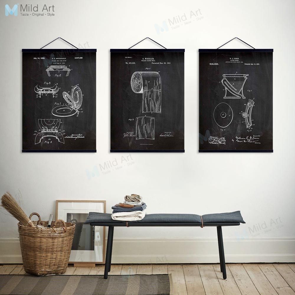 2020 Vintage Retro Black White Patent Sketch Wooden Framed Hanger Posters Bathroom Wall Art Picture Home Decor Canvas Painting Scroll T200608 From Xue009 26 07 Dhgate Com